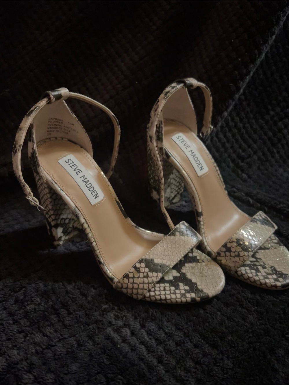 Steve Madden Beige and Black Snake-Print Ankle Strap Block Heels